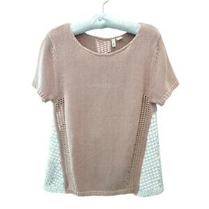 ANTHROPOLOGIE | Moth Blush Knit Lace Panel Short Sleeve Sweater Top | XL